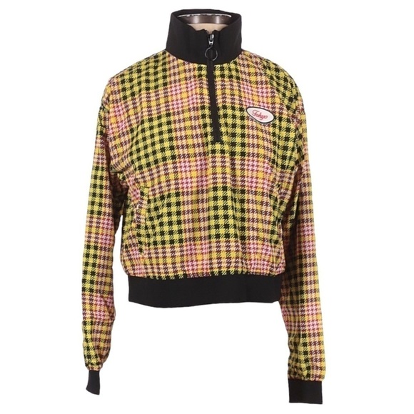 🌺 Forever 21 Tokyo Racing Plaid Yellow 1/4 Zip Crop Top NWT - Picture 1 of 13